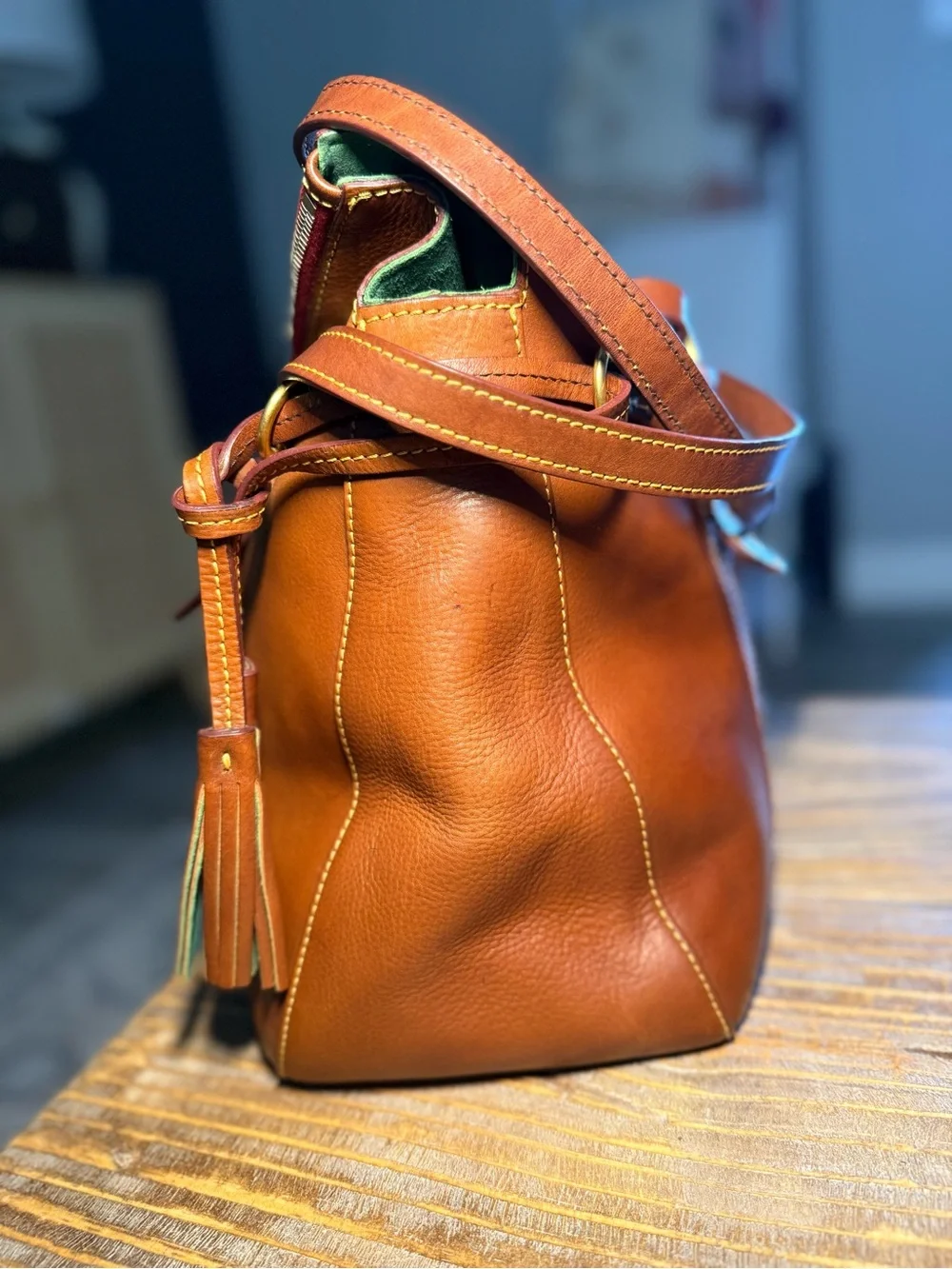 Dooney & Bourke Florentine Leather The Smith Satchel Bag , Tassels, Red Lining - Picture 5 of 15